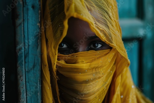 Captivating close-up of a young girl's eyes, peering through a yellow, embellished veil, exuding mystery and beauty.