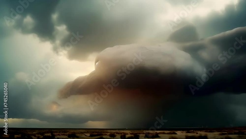 A powerful tornado with heavy clouds looming against a dark sky.
Concept: natural disasters and weather conditions, or the power of suddenness of natural phenomena. photo
