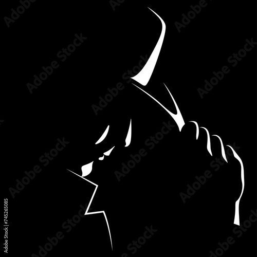 vector black and white light and shadow isolated image of a man in a hat formed by shadow. profile of a stern man in a hat. gentleman, businessman, detective, employee, spy, gangster, boss, chief.