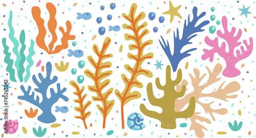 Vector undersea set with colorful seaweed, seashells, bubbles and seastars