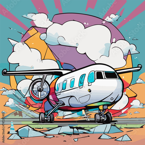 a broken airplane in an accident vector illustration line art