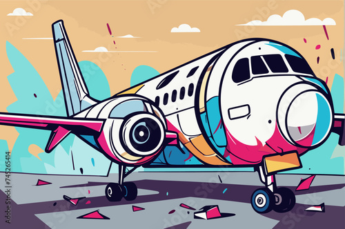 a broken airplane in an accident vector illustration line art