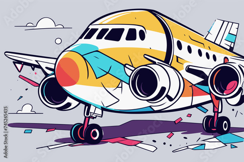 a broken airplane in an accident vector illustration line art