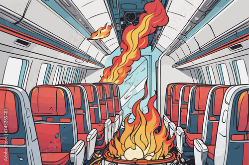 a broken airplane interior with fire in an accident