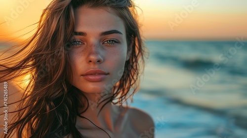 beautiful girl on the seashore in the sunshine portrait close up © LELISAT