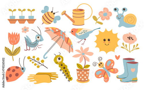 Spring elements. Blooming flower, springtime garden decoration, cute birds, insects. Poster, card, scrapbooking, sticker kit. Hand drawn vector. 