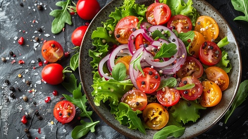 A salad made with tomatoes, onions, and lettuce served on a table
