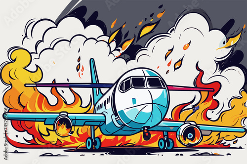 a broken airplane in an accident vector illustration line art