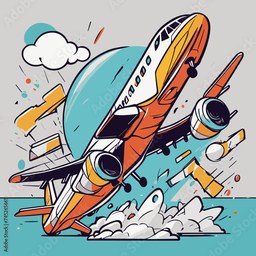 a broken airplane in an accident vector illustration line art