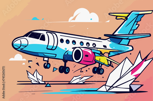 a broken airplane in an accident vector illustration line art