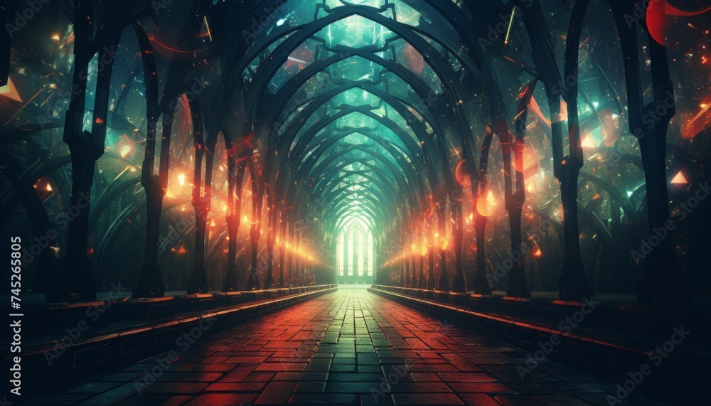 A dark and mysterious gothic corridor with glowing lights and ornate arches leads to a distant light source. Perfect for fantasy or mystery book covers, album covers, or game backgrounds. - obrazy, fototapety, plakaty 
