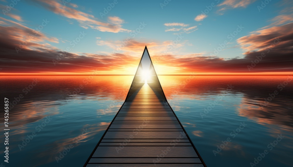 Mystical sunset over the calm sea with a glowing triangular portal in the distance, surreal landscape with a jetty leading to the portal under a cloudy sky reflecting on the water surface. Mystical sunset over the calm sea with a glowing triangular portal in the distance, surreal landscape with a jetty leading to the portal under a cloudy sky reflecting on the water surface.