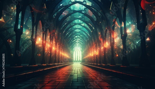 A dark and mysterious gothic corridor with glowing lights and ornate arches leads to a distant light source. Perfect for fantasy or mystery book covers, album covers, or game backgrounds. photo