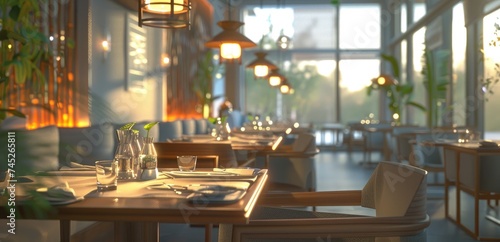 Sunlit Modern Restaurant Interior with Elegant Table Settings and Greenery