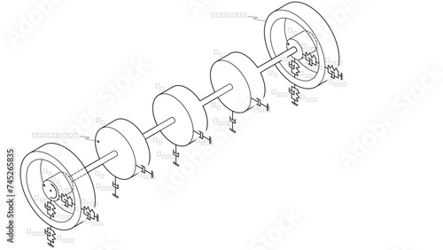 A line drawing showing a dynamical rotor system with 3 main masses, bearings, unbalance location, and symbols for damping and stiffness