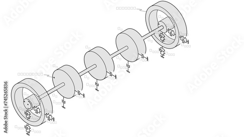 A line drawing showing a dynamical rotor system with 3 main masses, bearings, unbalance location, and symbols for damping and stiffness