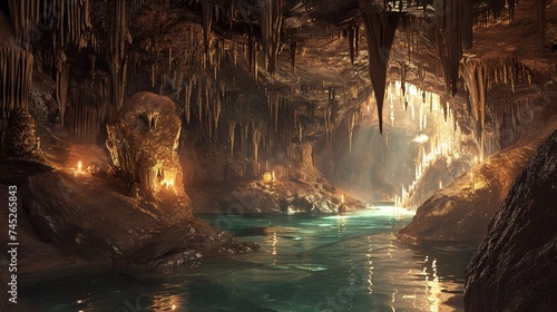 A beautiful underground cave with crystal clear water and rocky formations