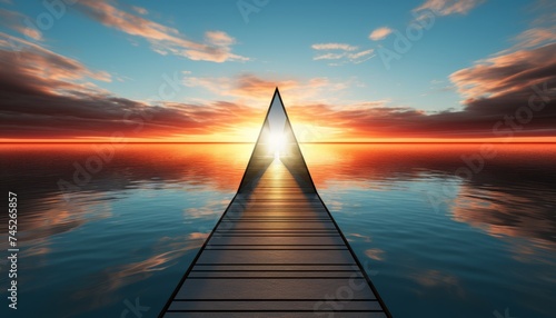 Mystical sunset over the calm sea with a glowing triangular portal in the distance, surreal landscape with a jetty leading to the portal under a cloudy sky reflecting on the water surface. photo