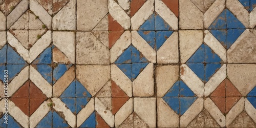 Old blue white rusty vintage worn shabby patchwork lozenge diamond rue motif tiles stone concrete cement wall