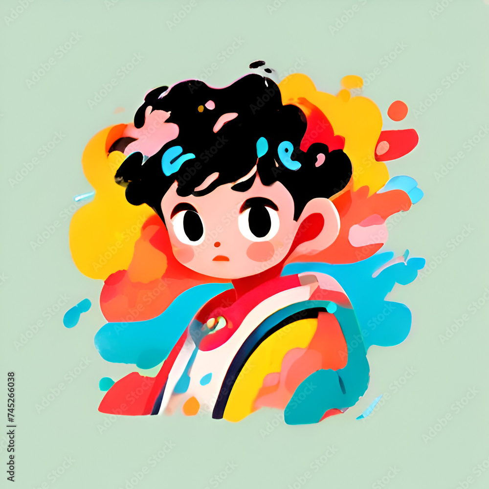 Naklejka premium Cute boy with colorful watercolor splashes. Vector illustration.