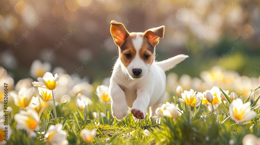 Puppy running across the field in flowers Puppy running across the field in flowers