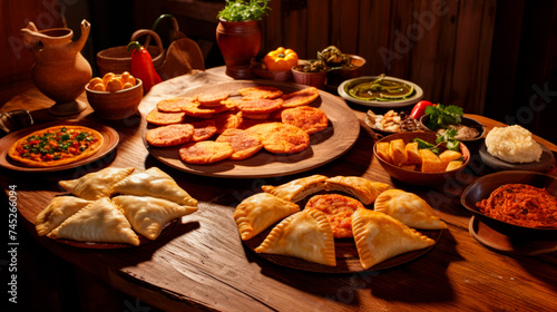 Empanadas and condiments richly arrayed on wooden surfaces under warm lighting. A culinary display that celebrates Latin cuisine with golden pockets of flavor, enhancing the dining ambiance.