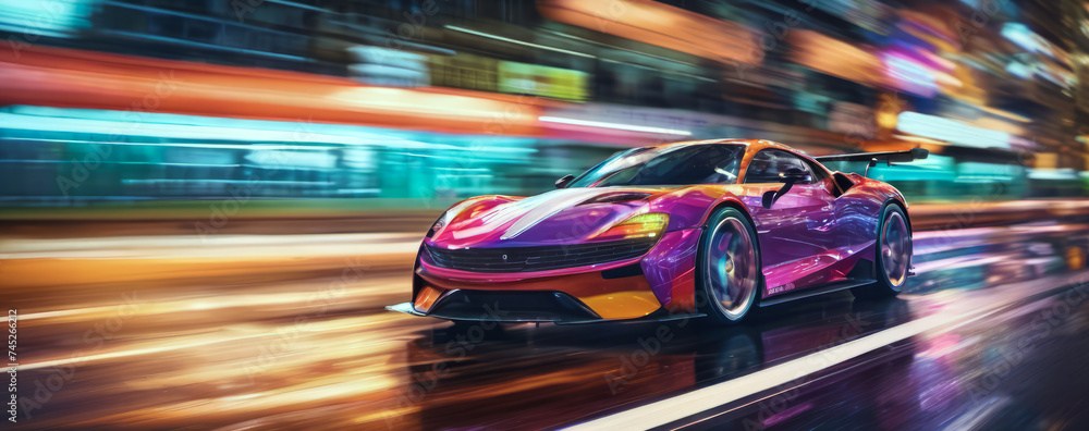 Fototapeta premium Front side view of purple luxury sports car going at high speed on city street at night, surrounded by colorful light blue and orange neon light trails from the movement, copy space for text