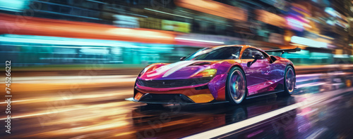 Front side view of purple luxury sports car going at high speed on city street at night, surrounded by colorful light blue and orange neon light trails from the movement, copy space for text © Eduardo Accorinti