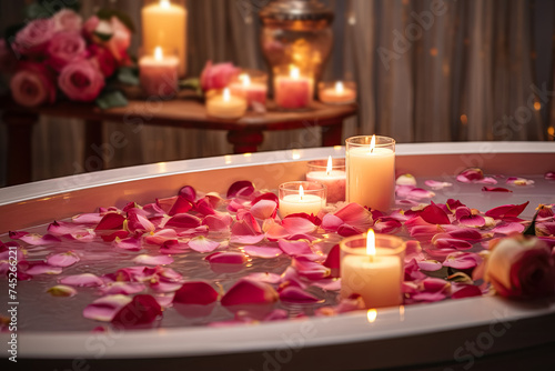 A tub of water strewn with rose petals is surrounded by candles with soft light. The scene radiates tranquility and romance and relaxation