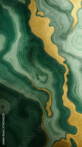 Green and gold patterns swirling gracefully like marble or geological formations 