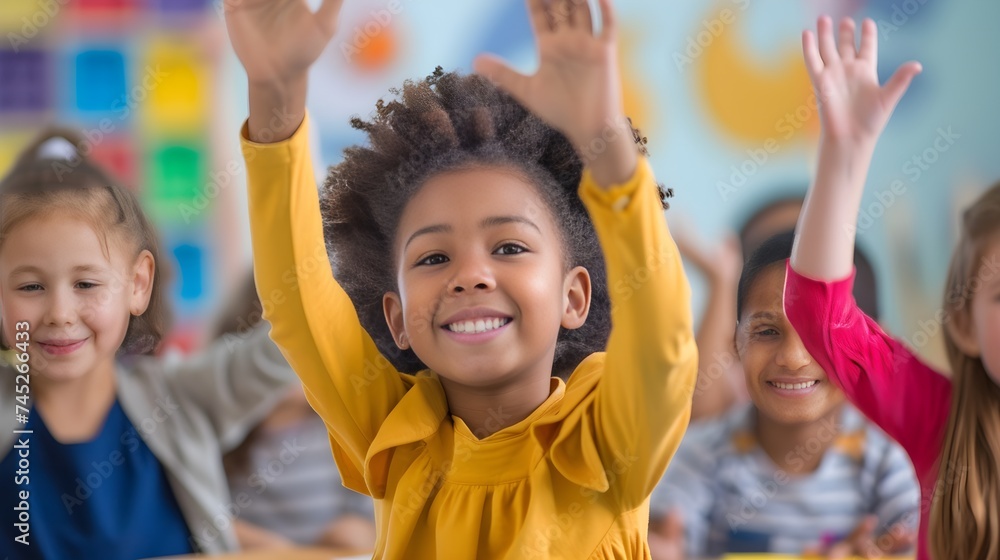 Young kids students raising their hands in class at the elementary school