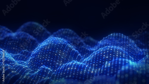 Abstract blue technology wave with dots and lines. Flow of particles. Big data transfer visualization. 3d rendering. © ihor