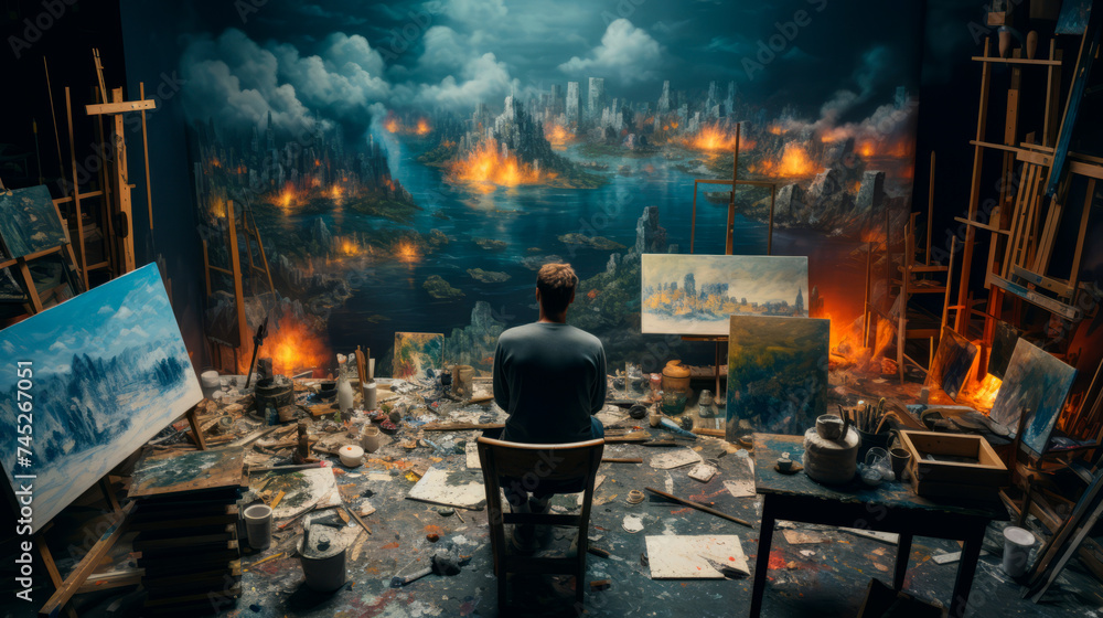 Amidst a cluttered studio, an artist reflects on apocalyptic cityscape paintings, pondering the juxtaposition of disaster and beauty, enveloped in creativity. - obrazy, fototapety, plakaty 