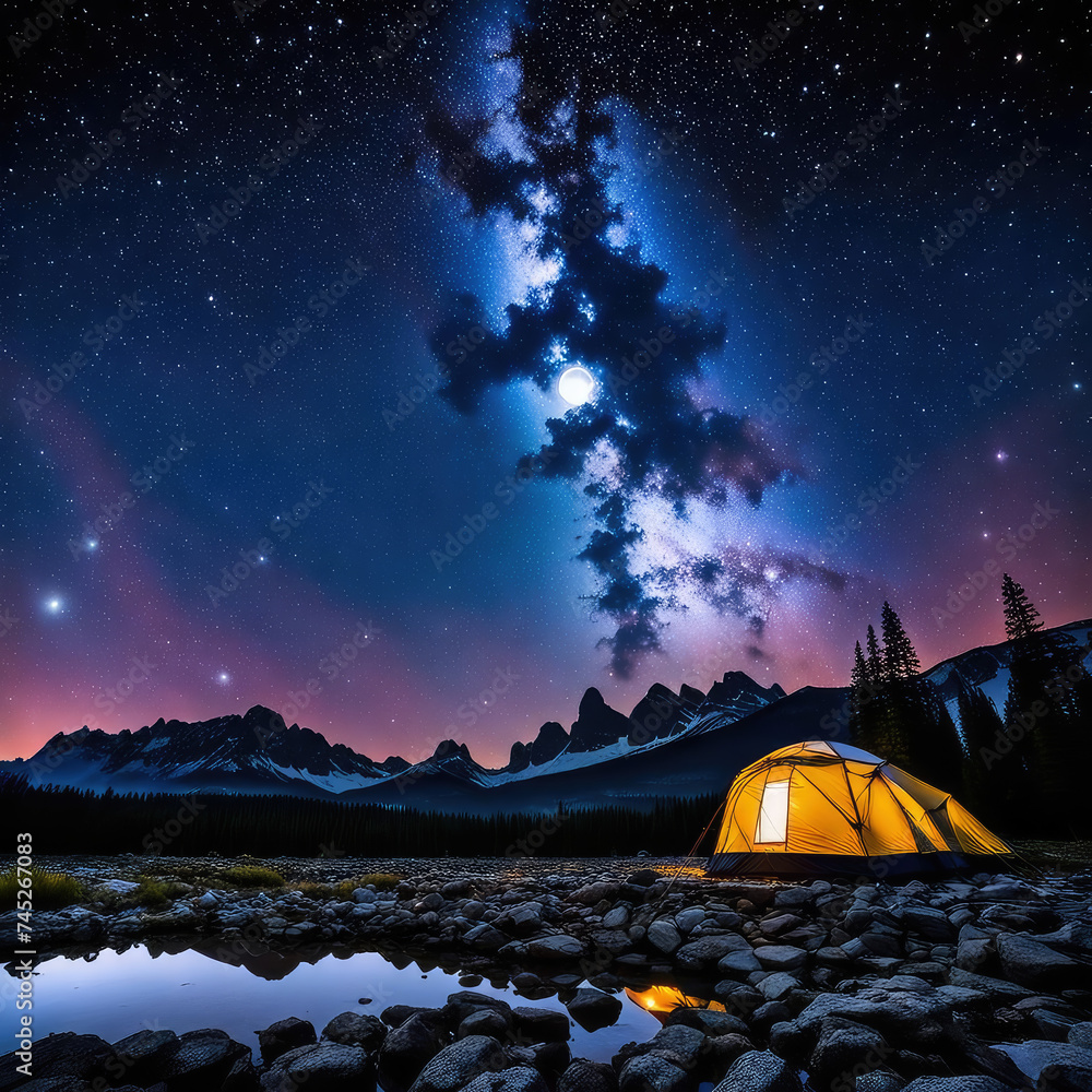 Impressionnant Lever De Lune Sous L'arche De La Voie Lactée en camping nature