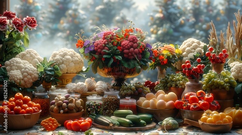 Various plants and natural foods displayed on the table