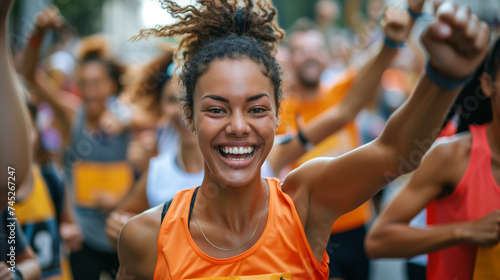 Diverse Group of People Competing in a Marathon Race in the City. Family and Friends in the Audience Cheering Enthusiastically and Supporting Their Loved Ones. photo