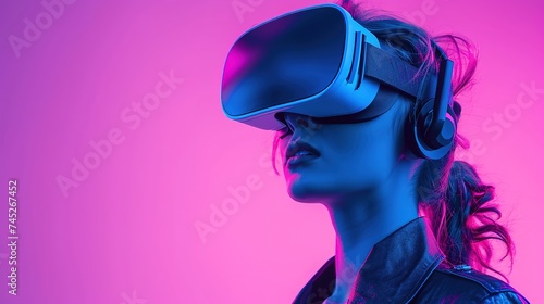 woman in VR glasses in neon space