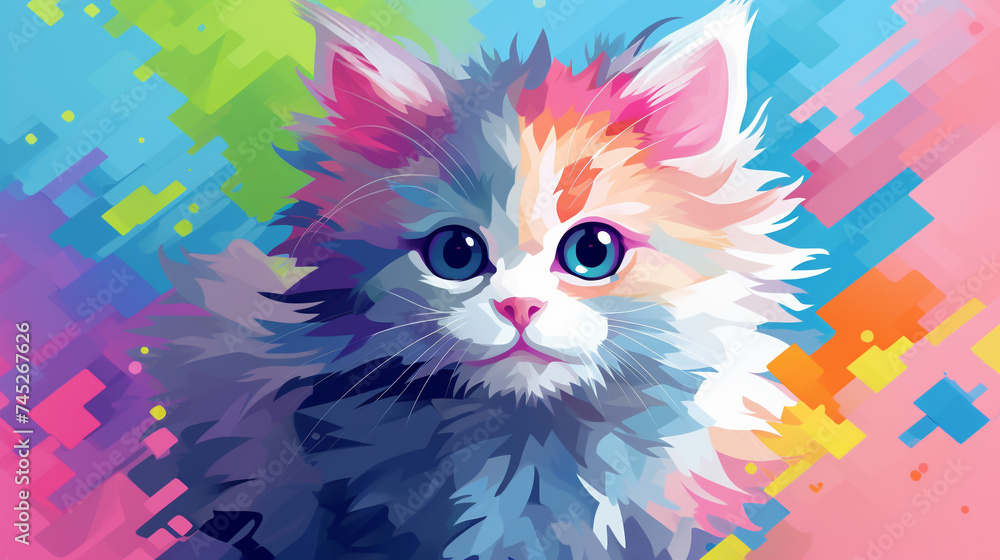 Soft pastel hues in a playful pixel art design of a cat