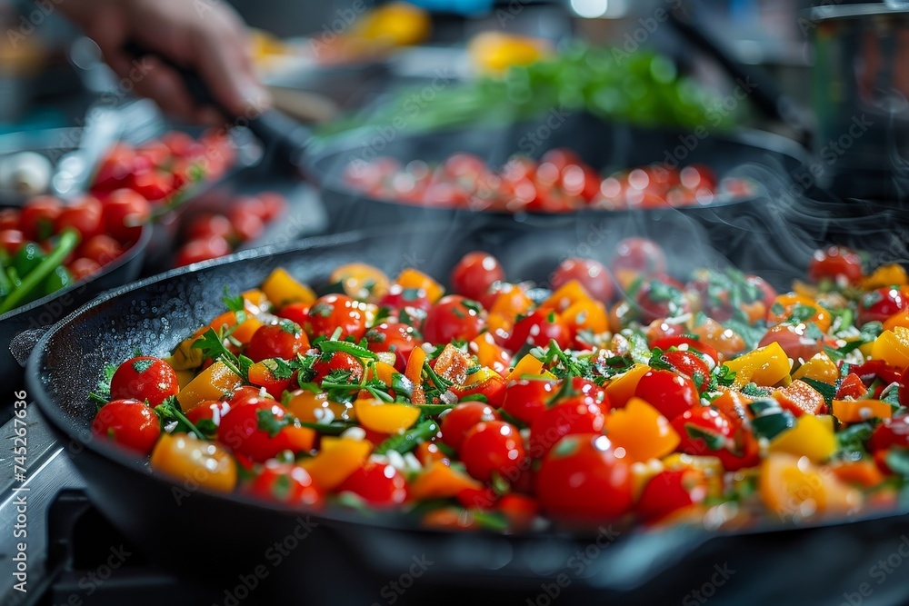 Delicious fresh vegetables being sautéed in a pan, evoking feelings of home-cooking and nutrition Delicious fresh vegetables being sautéed in a pan, evoking feelings of home-cooking and nutrition