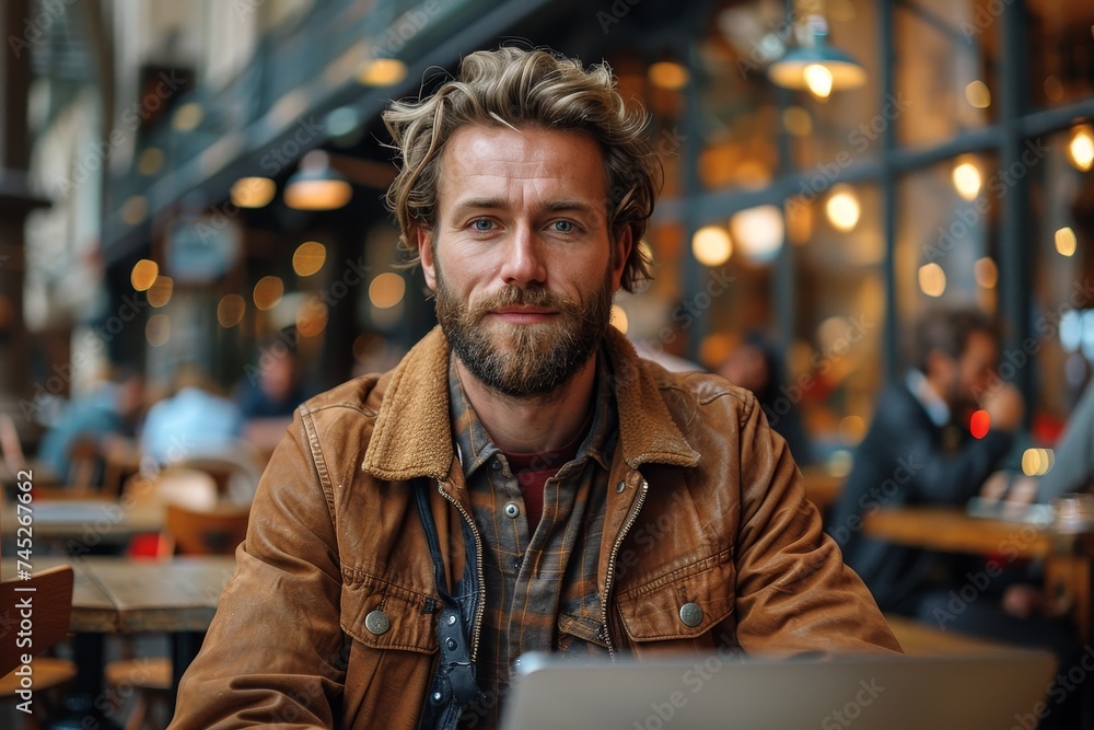 Confident man with a beard sits with his laptop at a bustling coffee shop Confident man with a beard sits with his laptop at a bustling coffee shop