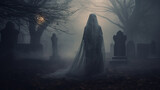 A ghostly apparition blending with a foggy graveyard
