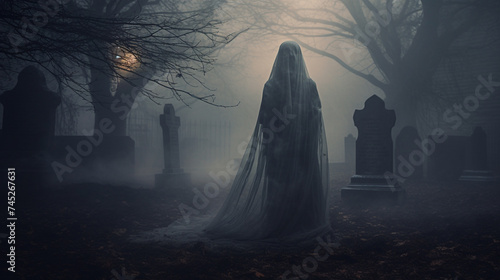 A ghostly apparition blending with a foggy graveyard