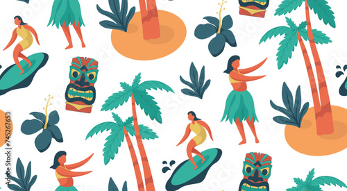 Seamless Hawaiian pattern  depicting the characteristics of the country. Namely coconut trees  tiki statues  aloha dance  surfing people  and hibiscus flowers. Good for designing clothes  tablecloths 