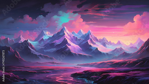 Fantasy landscape with mountains, lake and sunset. Digital painting.