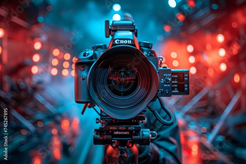 This image showcases a Canon camera with a lens on a tripod  set against a backdrop of vibrant red and blue lighting  highlighting the precision of photography equipment