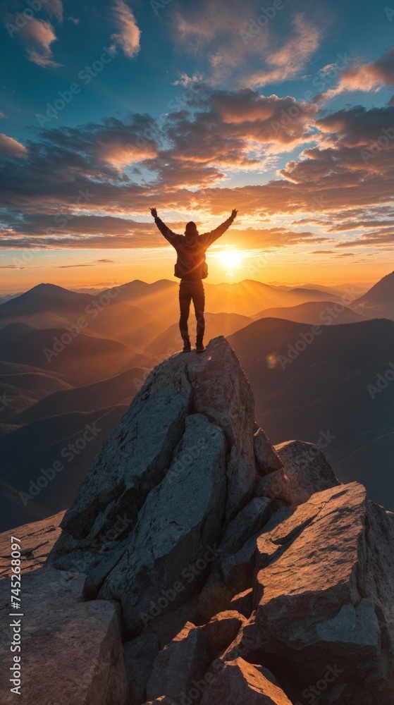 Mountain Top Celebrant Enjoying Gorgeous Sunrise Scene 