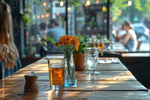 A cozy cafe ambiance with bright orange flowers in a water glass on a table  with soft background of busy patrons