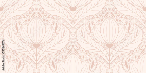 Seamless pattern with big lotus flower. Zen repeated motif for wallpaper in yoga class or home. Surface design with calm tranquility vibe
