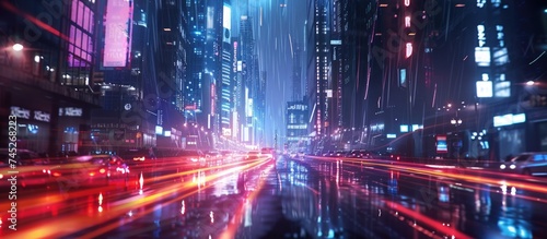The nighttime cityscape is decorated with streams of car lights under the city skyscrapers