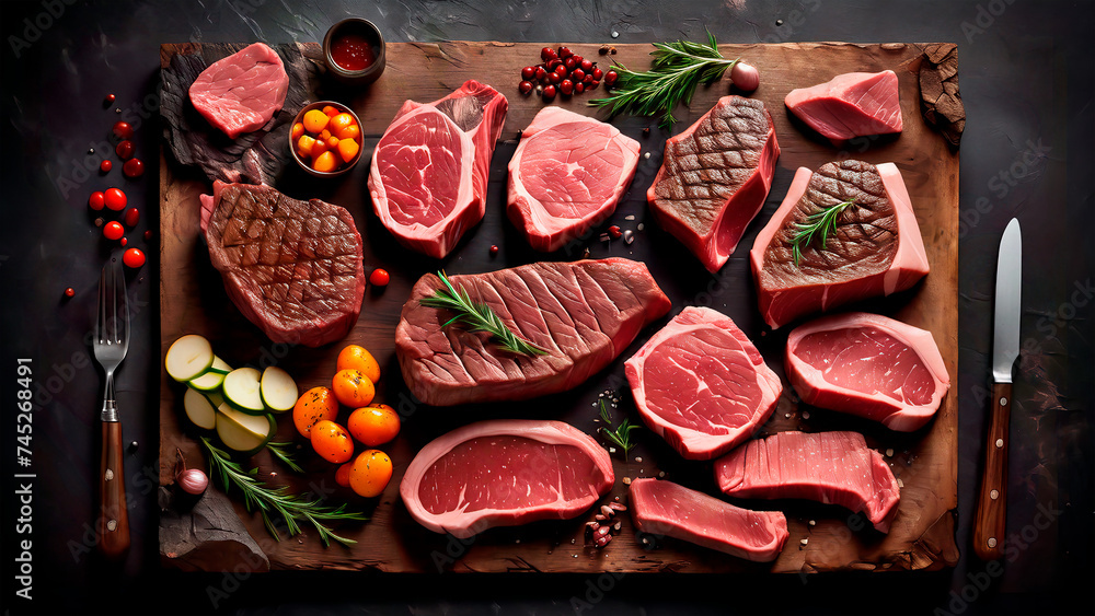 Sumptuous Symphony: A Captivating Culinary Canvas of Prime Beef Steaks and Luscious Raw Cuts on a Rustic, Dark Table Sumptuous Symphony: A Captivating Culinary Canvas of Prime Beef Steaks and Luscious Raw Cuts on a Rustic, Dark Table